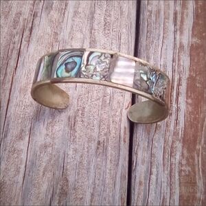 Vintage Abalone Shell Inlay Cuff Bracelet Wide Brass Tone Band